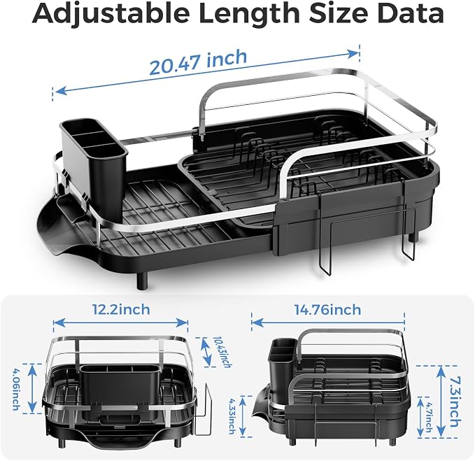 Expandable Stainless Steel Single Tier Dish Drying Rack, Auto Drain Dish Drainer for Kitchen Counter with Rotatable Multi-Slot, Drainboard, Utensil & Cutting Board Holder, 15"-22.4" Adjustable Length - Image 3