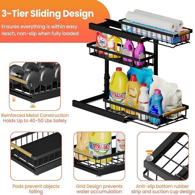 Under Sink Organizer and Storage for Bathroom and Kitchen - 2 Pack 3 Tier | Under Cabinet Pull Out Shelf Organizers - Slide Out Drawer Organization for Home Cabinets Shelves and Drawers - Image 5