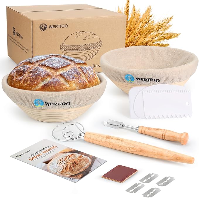 Banneton Bread Proofing Basket Set of 2, 9 Inch Round Sourdough Proofing Basket, Sourdough Starter Kit, Sourdough Bread Baking Supplies with Dough Scraper, Danish Dough Whisk, Bread Lame, Bowl Scraper by WERTIOO