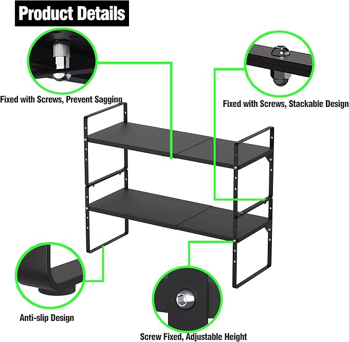 Expandable Kitchen Cabinet Storage Shelf, Stackable Metal Pantry Storage Shelves Organizer, Adjustable Height Counter Spice Rack for Kitchen Cabinet, Countertop, Pantry and Office - Image 4
