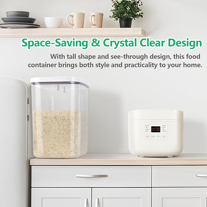 Airtight Rice Container 25 Lbs with Handle and Cup – 12.68Qt Large Flour Sugar Storage Container with Pop Up Seal & Hanging Lid Hooks, Clear Tall Food Storage Bin for Kitchen Pantry Organization - Image 6