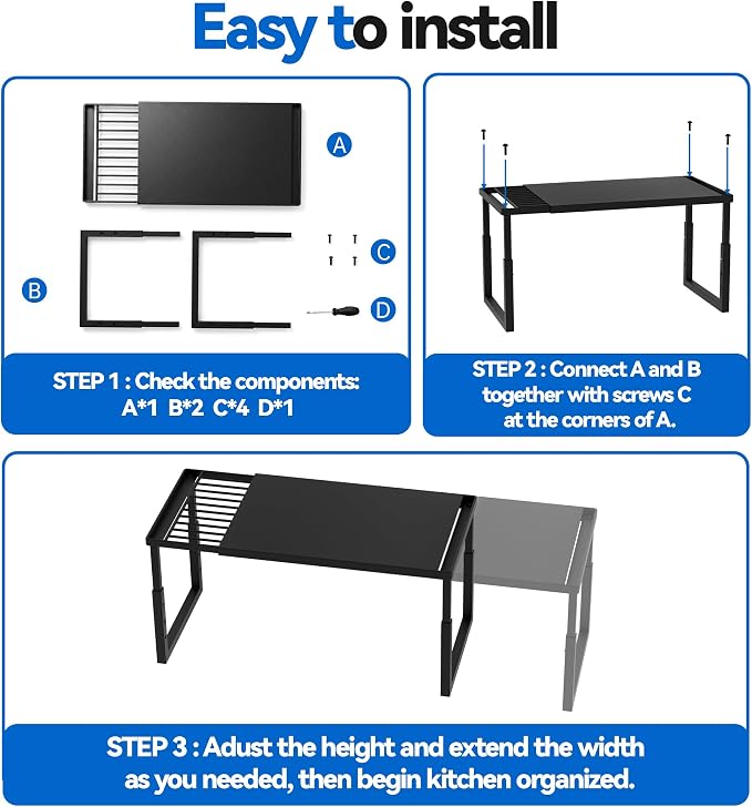 2 Packs Expandable Cabinet Shelf Organizer, Stackable Countertop Shelves | 15.8''- 25.5'' In Cabinet Shelf, Adjustable Kitchen Cabinet Organizer for Pantry Organizer, CupBoard Organizers and Storage - Image 8