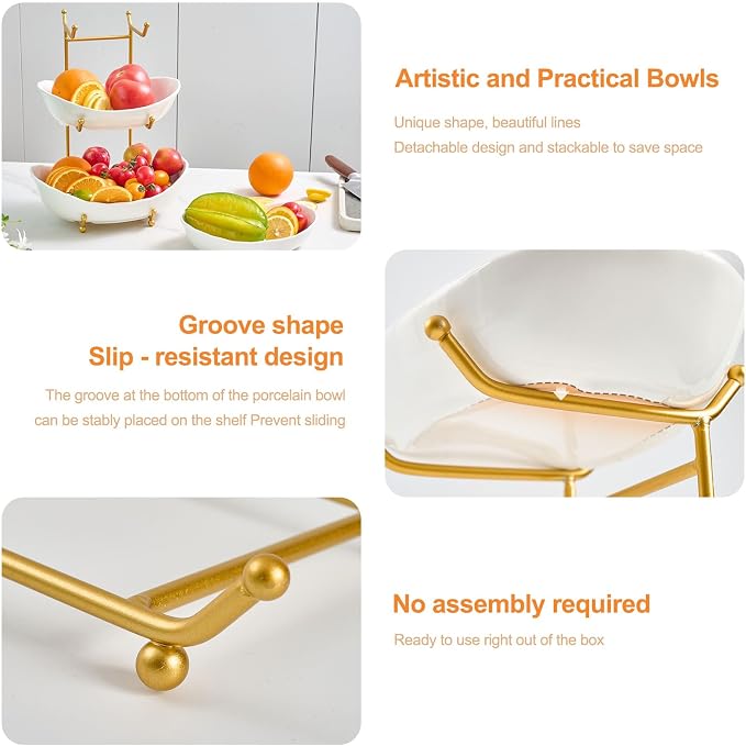 Fruit Bowl for Kitchen Counter with Gold Metal Stand | 3 Tier Fruit Holder,Tiered Fruit Basket for Fruit Vegetable Storage, Snack, Nuts, Cake, Dessert (White) - Image 3