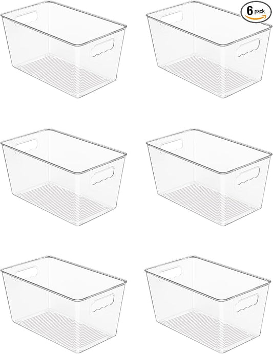 Vtopmart 6 Pack Clear Storage Bins, Pantry Cabinet Organizer Bins, Medium | Plastic Pantry Storage Bins with Handle, Storage Containers for Fridge, Cabinet, Kitchen, Countertops, Cupboard, Freezer by Vtopmart