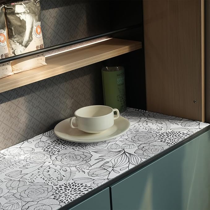 Floral Drawer and Shelf Liner for Kitchen 12IN x 20FT, Non-Adhesive | Strong Non-Slip Cabinet Drawer Liners, Waterproof Thickened Shelf Liner,Easy to Clean,Black and White - Image 7