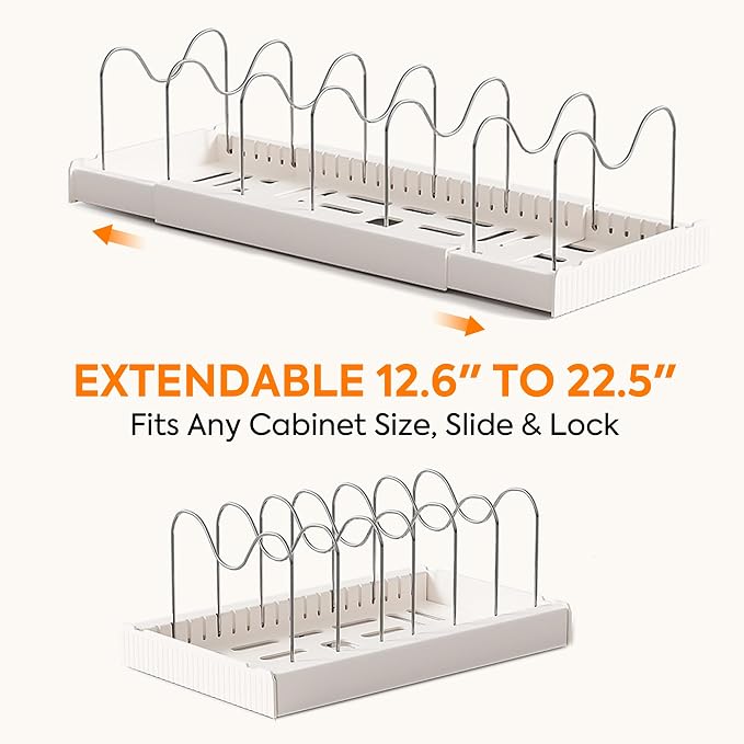 2 Pack Expandable Pots and Pans Organizer under Cabinet, Adjustable Pot Lid Organizer Rack with 9 Stainless Steel Dividers, Food Container Lid Holder for Kitchen Countertop Storage (White) - Image 2