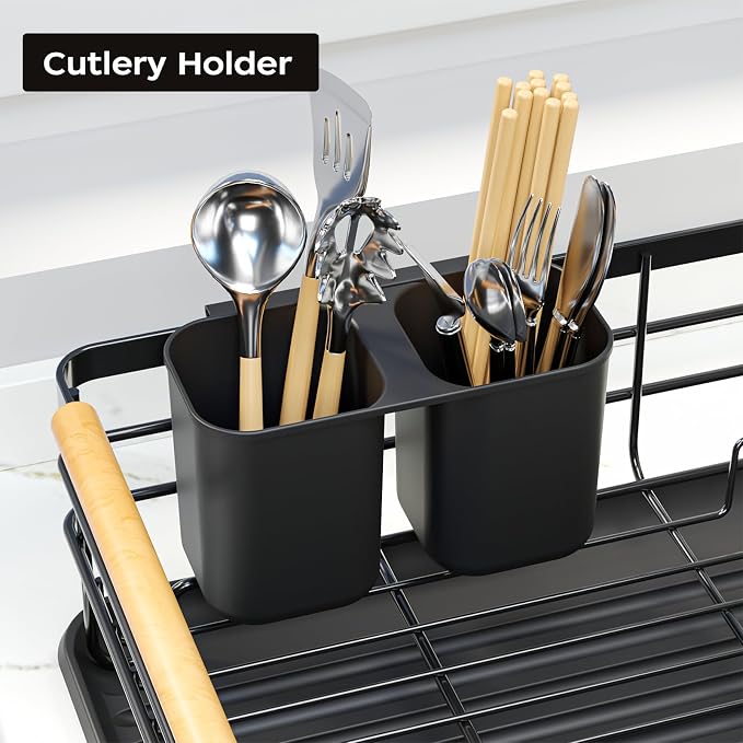 Dish Racks for Kitchen Counter: Wooden Handles, Thickened Metal, No Assembly. Small Dish Drying Rack: Ideal for Small Households. Drying Rack Kitchen: Black - Image 5