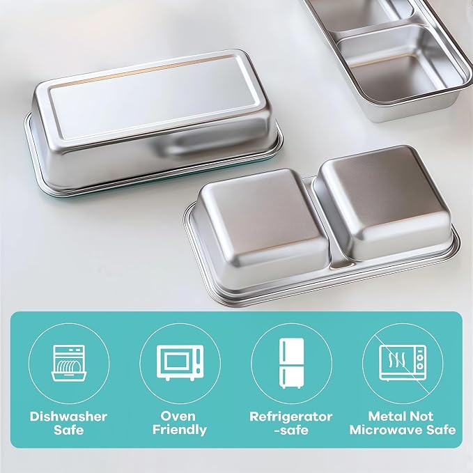 2Pcs 304 Stainless Steel Snack Containers, 2 Compartments Portable Food Storage Bento Boxes with Lids, Divided Meal Prep Lunch Box Food Container Dishwasher Safe - Image 4