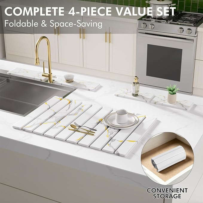4 Pcs Stone Dish Drying Mat Set, 24''x16'' Fodable Large Diatomaceous Earth Drying Mat, Faucet Mat and 2 Coasters for Kitchen Counter, Super Absorbent Quick Dry Mats for Dishes Bottles Cups - Image 2