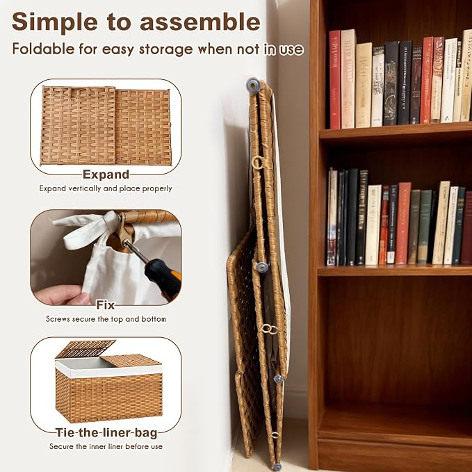 Storage Basket with Lid: Rattan Woven Storage Basket with 2 Separate Lids, 17.2 Gallon (65L), 22 x 13 x 13.8 Inches, Foldable, with 2 Removable Liner Bags & Handles, for Bedroom, Laundry Room, Natural - Image 5