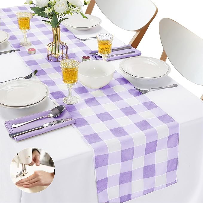 Cupuamon Fabric Checkered Table Runner 1 Pack Waterproof Gingham Table Runner 14W x 108L Buffalo Check Table Runners for Parties Kitchen Dining Wedding Banquet (Lavender and White) by Cupuamon