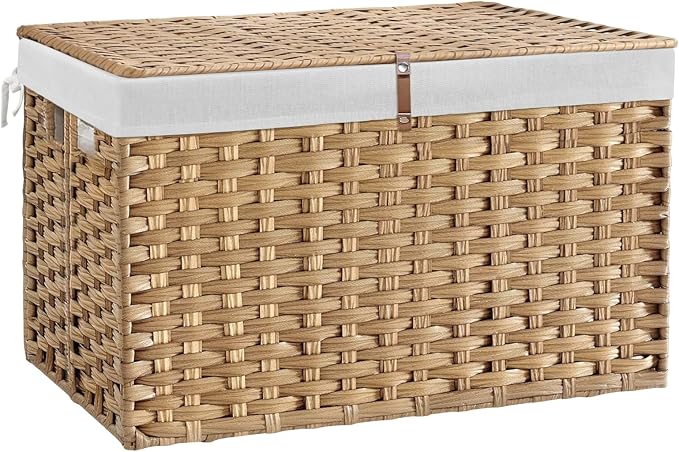 180L Wicker Storage Basket with Lid, Handwoven Rattan Large Shelf Basket with Removable Liner, 47.6 Gallon Wicker Basket for Blanket, Storage Trunk with Handle for Closet, Bedroom, Livingroom, Natural by Hiagnete