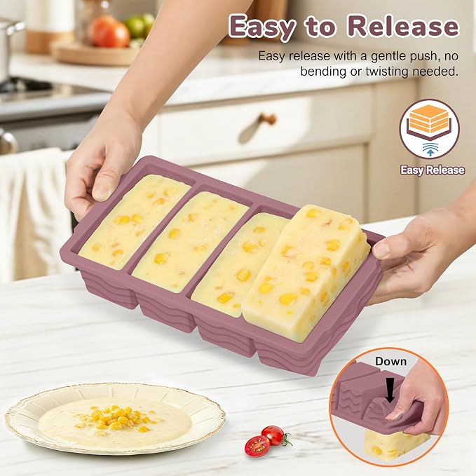 Silicone Freezer Trays with Lid (4-Pack), 1-Cup, 2-Cup, 1/2-Cup & 2-Tbsp Silicone Freezer Molds, Stackable Soup Freezer Meal Prep Containers,Ice Cube Tray for Making Sauce,Smoothies,Yogurt Bites - Image 5