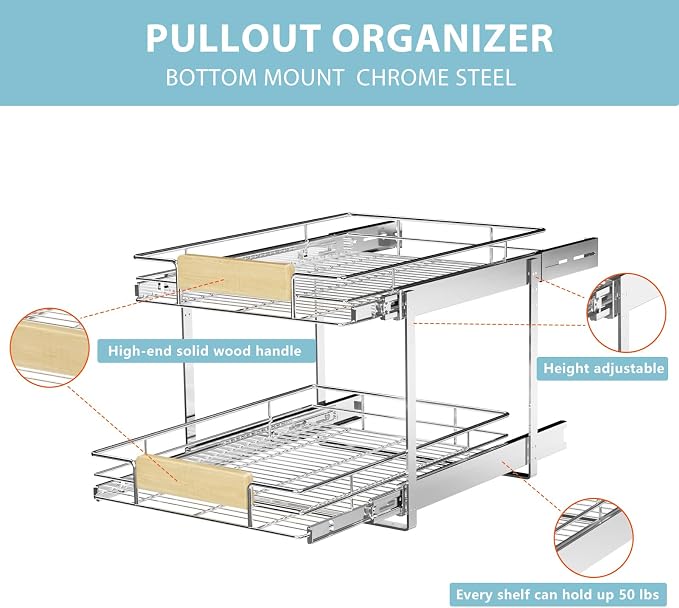 LOVMOR 2 Tier Pull Out Cabinet Organizer 16½" W x 21½" D, Slide Out Drawers with Wooden Handle, Sliding Shelves Organization and Storage for Kitchen, Pantry - Image 8