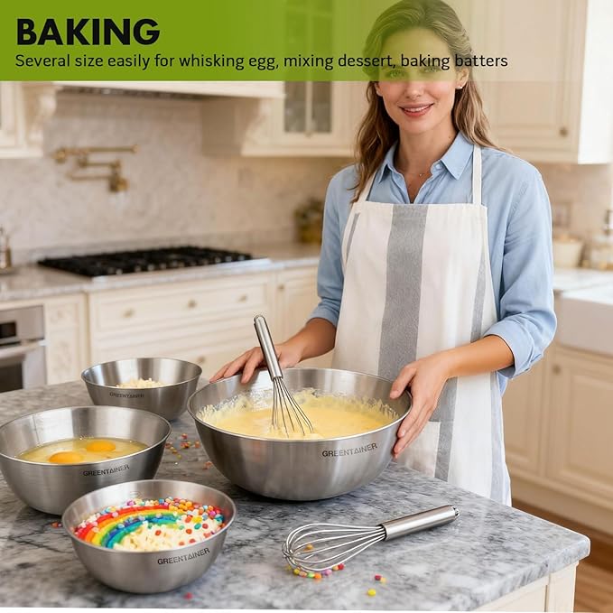 Greentainer Stainless Steel Mixing Bowls Set of 5 | 5.2 to 0.8 Qt Nesting Bowls with Measurement Markings | Dishwasher Safe | Metal Kitchen Bowls for Baking, Prepping, Cooking and Serving Food - Image 4