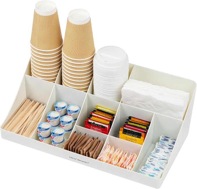 Mind Reader Cup and Condiment Station, Countertop Organizer, Coffee Bar, Kitchen, Stirrers, 17.875"L x 9.5"W x 6.625"H, White - Image 5