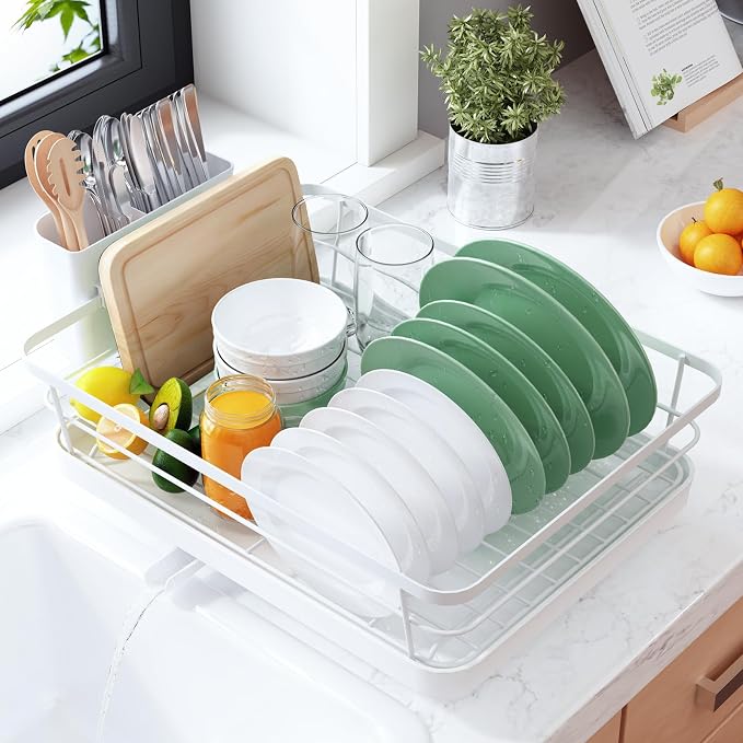 Kitsure Dish Drying Rack for Kitchen Counter, 12''W x 15.5''L, White | Stainless Steel Sink Organization, Cutlery Holder, Home and Appartment Decor by Kitsure