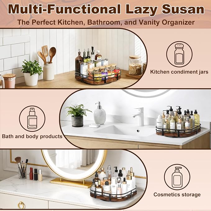 12" Large Lazy Susan Turntable Organizer -Rotating Spice Rack for Table Top | Wood Spice Cabinet Organizer for Pantry Kitchen Countertop Coffee Bar Cupboard Bathroom Vanity Storage - Image 4