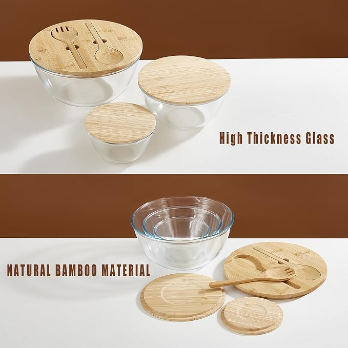 Glass Mixing Bowls with Bamboo Lids, 3 Packs Glass Bowls with Lids Set(4.7QT, 2.1QT, 0.8QT), Large Capacity Salad Bowls, Nesting Containers Microwave Safe Baking Bowls for Kitchen - Image 5