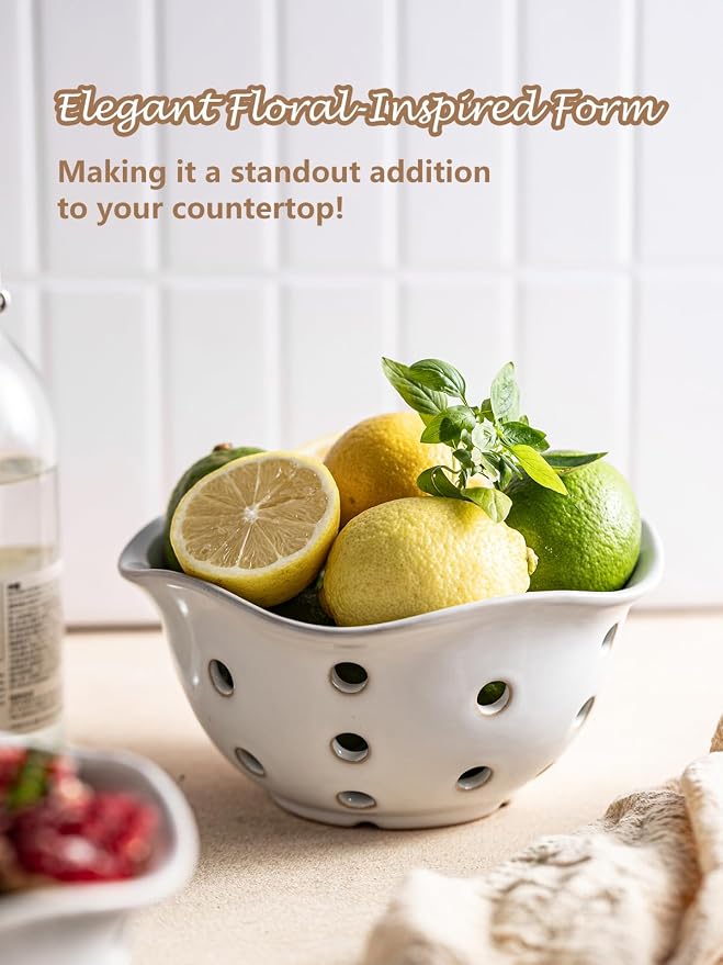 Gomakren Fruit Basket Set of 2, Ceramic Fruit Bowl Berry Basket with Holes, 7.6 Inch Fruit Containers Colander for Fridge - Farmhouse Kitchen Decor, White - Image 2