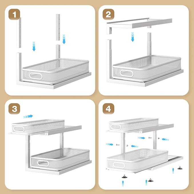 2-Pack 18.5 IN Depth Under Sink Organizer With Next-Gen Ball-Bearing Slides,Sophisticated Mesh 2-Tier Pull Out Shelf for Kitchen & Bathroom,Fits Small Items-White(Patented) - Image 6