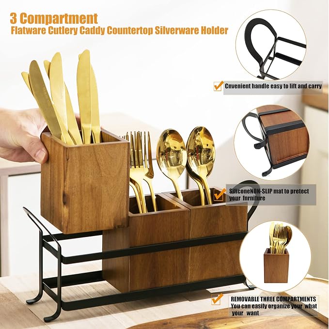 NelyBet Utensil Caddy Silverware Cutlery Holder with 3 Compartment, Wooden Utensil Crock Flatware Organizers with Metal Tray, Rustic Kitchen Utensil Organizers for Farmhouse Kitchen and Countertop - Image 2