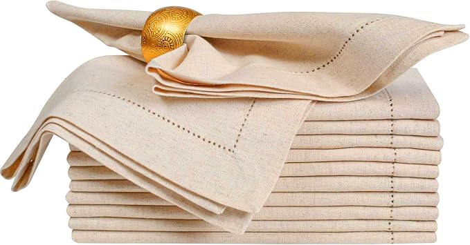Linen Flax Cotton Cloth Dinner Napkins Set of 12-20x20 Natural Fabric with Hemstitched Mitered Corners - Machine Washable Wedding, Cocktail & Party Table Napkins - Natural by ALPHALivingHOME