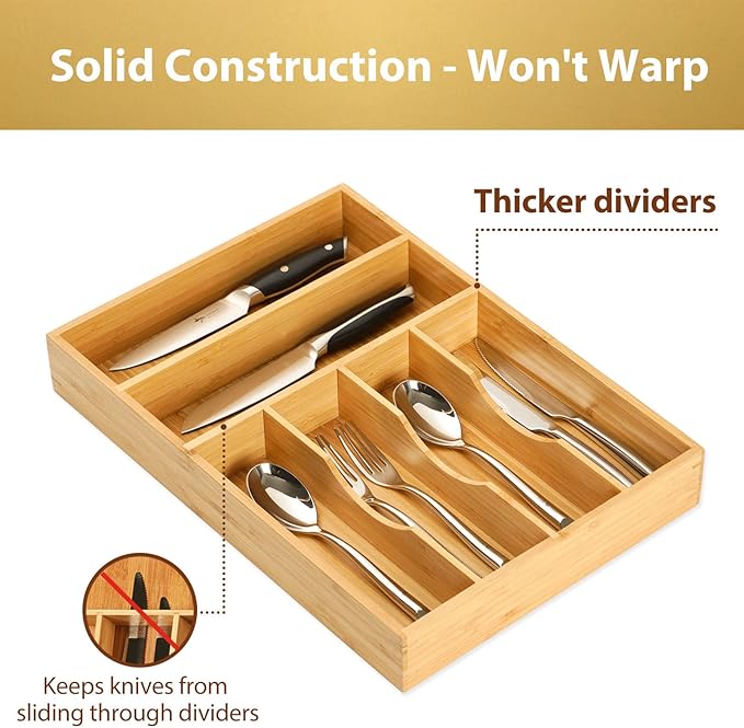 Kitchen Drawer Organizer, 12 Inch Silverware Utensil Tray Holder, Extra Deep, with Non-Slip Feet & Grooved Drawer Divider, 6 Slots Total Bamboo Wood Caddy for Flatware Cutlery Knives - Image 3
