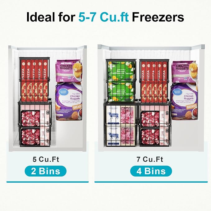 Freezer Organizer Bins - Height-Adjustable Holds 12" Pizza, 4 Pack | Extra Large, Stackable For 5 to 7 Cu. Ft Chest Freezers, Easily Sort and Get Frozen Foods with Handles, No Digging, Black - Image 2