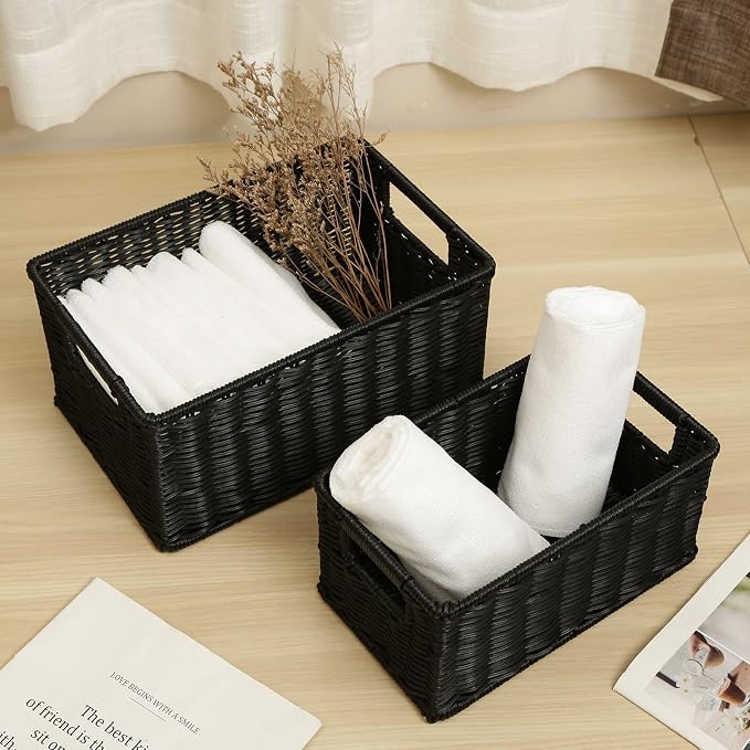 HOONEX Wicker Baskets for Storage, Plastic Baskets for Organizing with Dual Handles, Woven Baskets for Storage, Set of 2, Black - Image 3