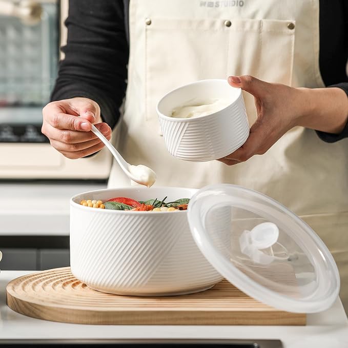 Ceramic Nesting Bowls with Lids, Set of 4, White | 50/32/20/10 oz Mixing Bowls with Lids - Porcelain Food Storage Containers For Prep and Serving, Microwave Safe - Image 6