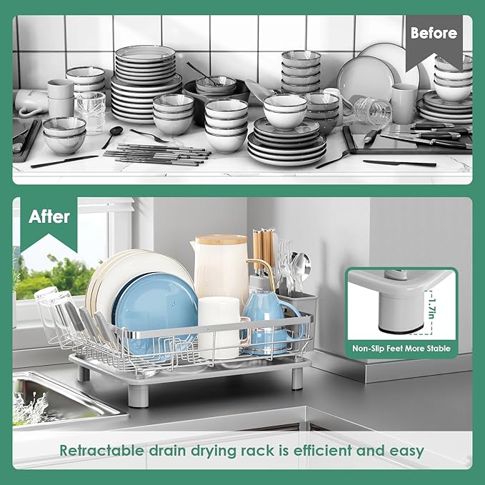 MOUKABAL Stainless Steel Dish Drying Rack for Kitchen Counter, Grey Silver | 13×17 Large Capacity/Drainboard with Rotating Spout/Removable Cup & Utensil Holders/Fast Drainage/Countertop Dish Drainer - Image 5