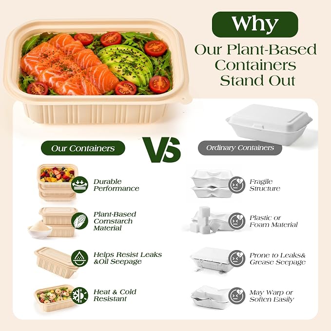 50 Pack (100 Piece) Food Containers with Lids, 22oz Meal Prep Containers Reusable Plant-based Cornstarch Lunch Box BPA Free Small Disposable Take Out Togo Boxes for Salad Microwave & Freezer Safe - Image 8