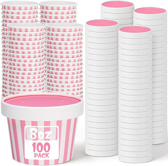 Fulmoon 100 Pack Paper Soup Containers with Lids Disposable Paper Food Containers with Vented Lid Kraft Ice Cream Cake Dessert Cups Soup Bowl for Party Hot Food Fruit Microwave(8 oz,Pink) by Fulmoon