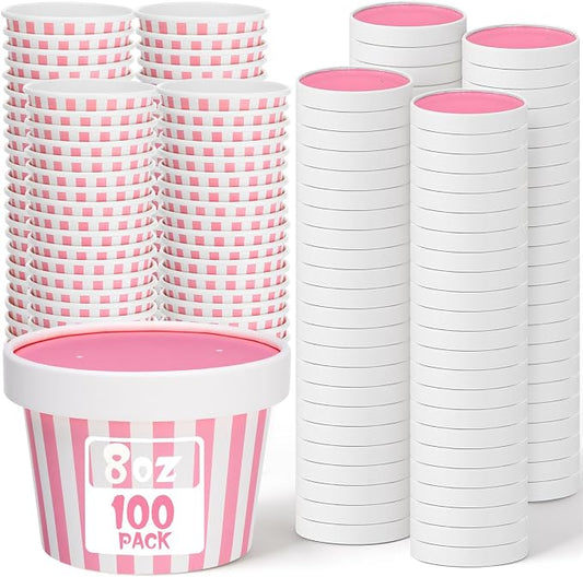Fulmoon 100 Pack Paper Soup Containers with Lids Disposable Paper Food Containers with Vented Lid Kraft Ice Cream Cake Dessert Cups Soup Bowl for Party Hot Food Fruit Microwave(8 oz,Pink) by Fulmoon