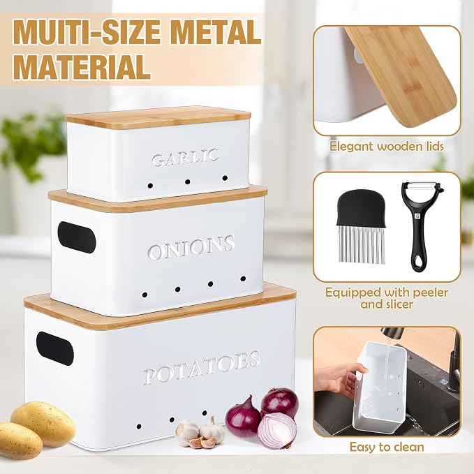 Honeydak 3 PCS White Potato Onion Garlic Storage Bins Set, Metal Vegetable Keeper Containers with Lids Aerating Holes for Kitchen Counter Pantry Keep Fresh Longer Farmhouse for Sweet-potato Fruit - Image 3