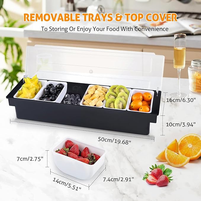 WICHEMI Ice Chilled Condiment Caddy with 6 Removable Trays and Lid, 2 Pack | Condiment Container, Taco Bar Serving Tray, Fruit & Garnish Trays Serving Platter for Salad, Party Supplies & Bar Accessories - Image 2