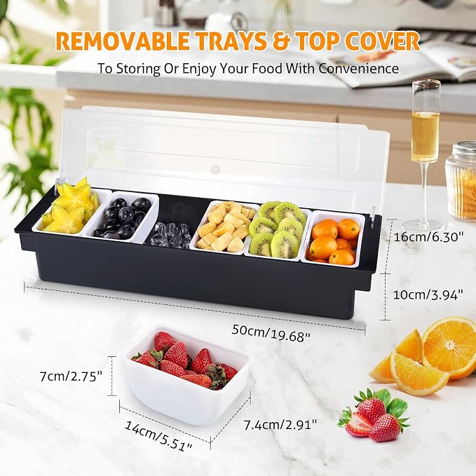WICHEMI Ice Chilled Condiment Caddy with 6 Removable Trays and Lid, 2 Pack | Condiment Container, Taco Bar Serving Tray, Fruit & Garnish Trays Serving Platter for Salad, Party Supplies & Bar Accessories - Image 2