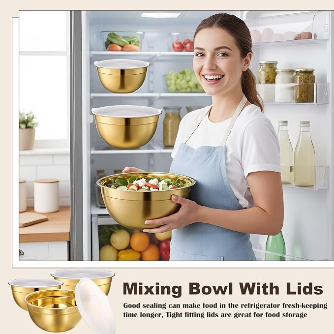 6 Pcs Gold Kitchen Accessories Set Includes 3 Gold Mixing Bowls with Airtight Lids Stainless Steel Colander Grater Slicer and Fine Mesh Strainer (Mixing Bowls: 3.7/5/7 Qt, Colander: 5 Qt) - Image 4