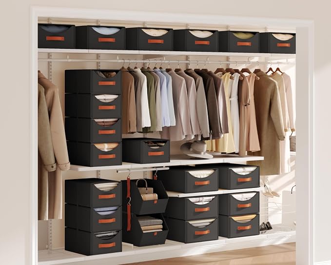 Stackable Storage Drawers - Collapsible Storage Bins with Drawers, 4 Pack Closet Shelf Organizer Basket, Fabric Pull Out Organizer for Bedroom, Living Room, Dorm, Black - Image 2