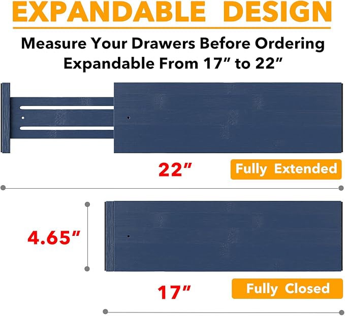 SpaceAid Bamboo Dresser Drawer Dividers 6 Pack, 4.65“ High Adjustable 17“-22” Drawer Organizers, Expandable Organization for Clothing, Clothes, Dressers, Navy Blue - Image 3