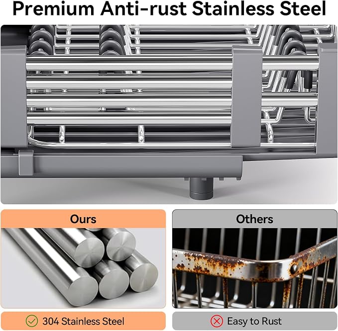 Urackify Extendable Stainless Dish Drying Rack for Kitchen Counter, Gray | 13.78"W x 18.7"L, Foldable Drainboard for Space Saving, Knife and Utensil Holder, Fast-draining Spout - Image 8
