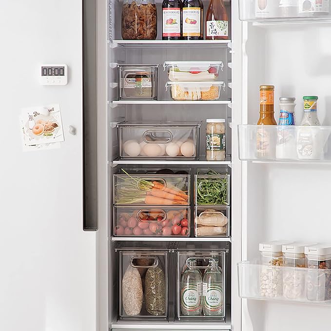Set of 3 Stackable Refrigerator Organizer Bins Pull-Out Drawers for Fruit and Veggies Divided Storage Organizer for Fridge Clear Drawer Containers with Handle for Produce Saver, Eggs, Snack - Image 8