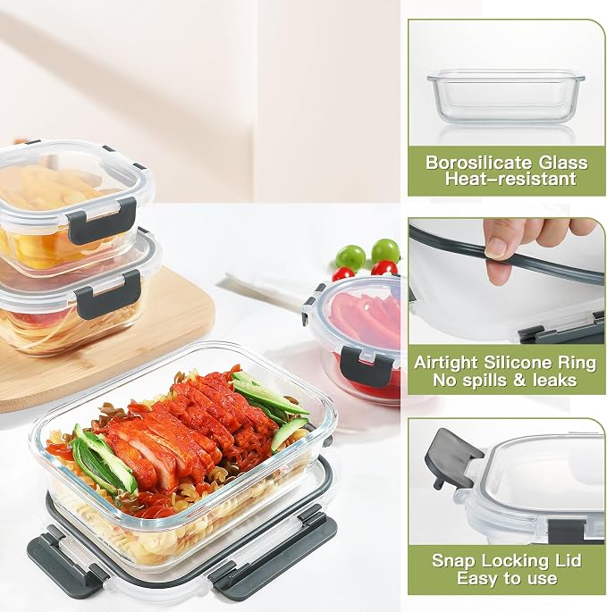 BAYZZ 30 Piece Glass Food Storage Containers Set, Glass Meal Prep Containers with Lids, Airtight Lunch Box, BPA-Free, Microwave, Freezer & Dishwasher Safe - Image 2