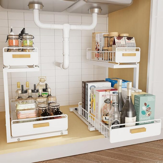 2 Pack Under Sink Organizer with Ball Bearing Sliding Drawer, Heavy Duty Pull Out Cabinet Organizer, 2 Tier Adjustable Storage Rack for Kitchen Bathroom, Space Saving Design, White by HOMEAILIE