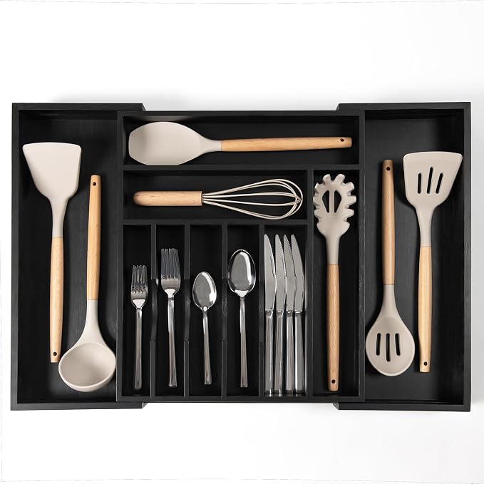 Silverware & Utensil Drawer Organizer, 14.5-25 in, Black Bamboo | Cutlery, flatware, food-safe contract grade, kitchen drawer fit by KitchenEdge