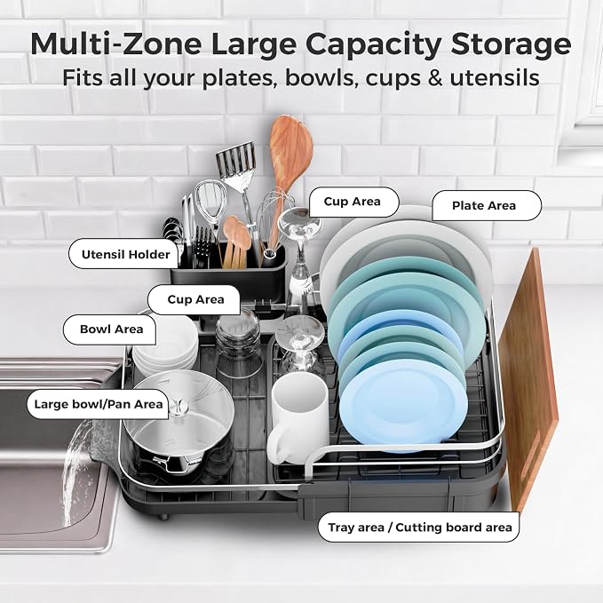 Expandable Stainless Steel Single Tier Dish Drying Rack, Auto Drain Dish Drainer for Kitchen Counter with Rotatable Multi-Slot, Drainboard, Utensil & Cutting Board Holder, 15"-22.4" Adjustable Length - Image 7