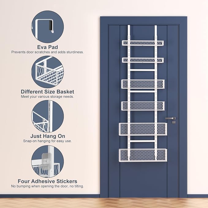 6-Tier Over The Door Pantry Organizer,Hanging Spice Rack,Grid Basket,White | Height Adjustable,Large Capacity,Grid Base for Stable Stoage,For Pantry Door,Laundry Room,Bathroom,Kitchen,D5.3xW15.7xH60.9in - Image 3