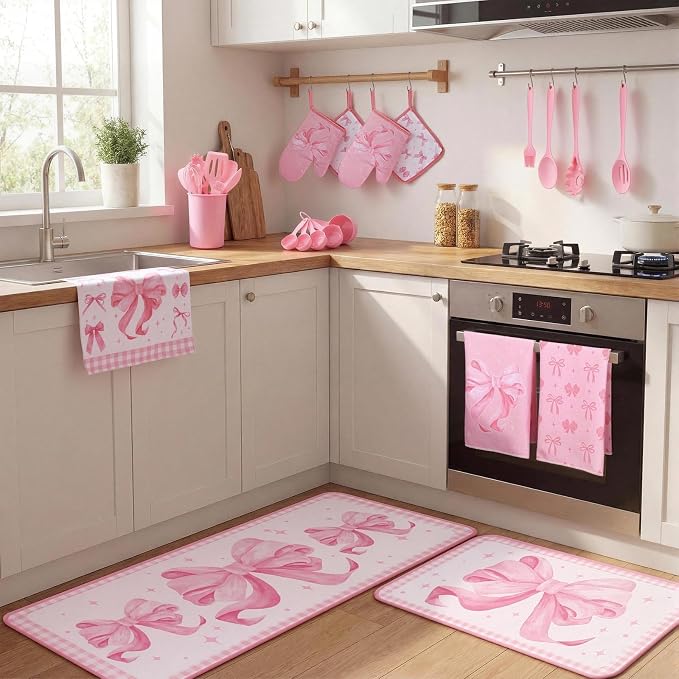 Fourluoo 30 Pcs Pink Bow Kitchen Decor and Utensils Set Pink Kitchen Towels and Rugs Oven Mitts and Pot Holders Non Toxic Silicone Utensils Set Heat Resistant Dishwasher for Cooking - Image 4