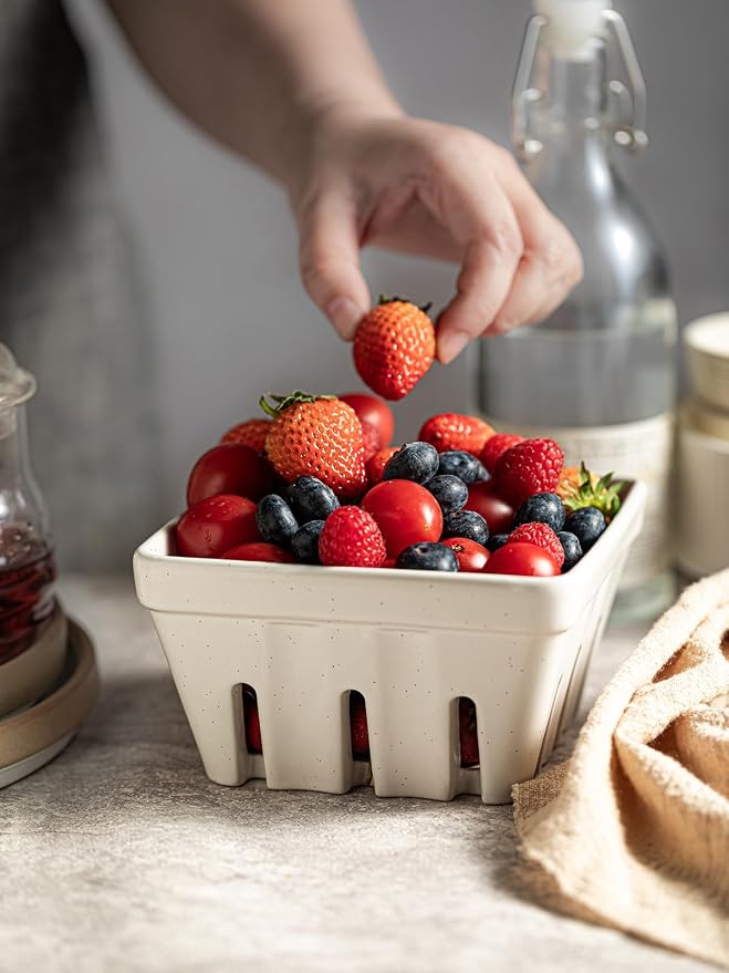 Gomakren Fruit Bowl with Holes, Ceramic Berry Basket Set of 2, 5.7 Inch Square Fruit Basket for Kitchen Counter, Rustic Berry Containers, Farmhouse Kitchen Decor - Cream White - Image 6